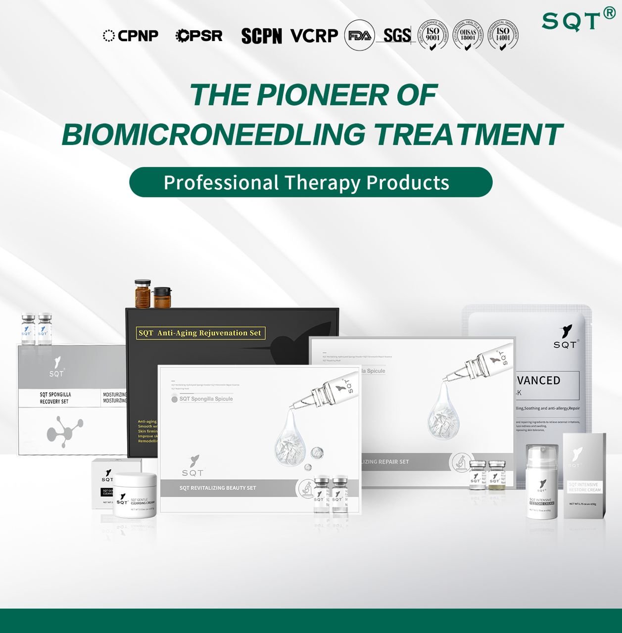 SQT professional therapy products with CPNP, CPSR, SCPN, VCRP, FDA, SGS, ISO 9001, OHSAS 18001 and ISO 14001 marks shown