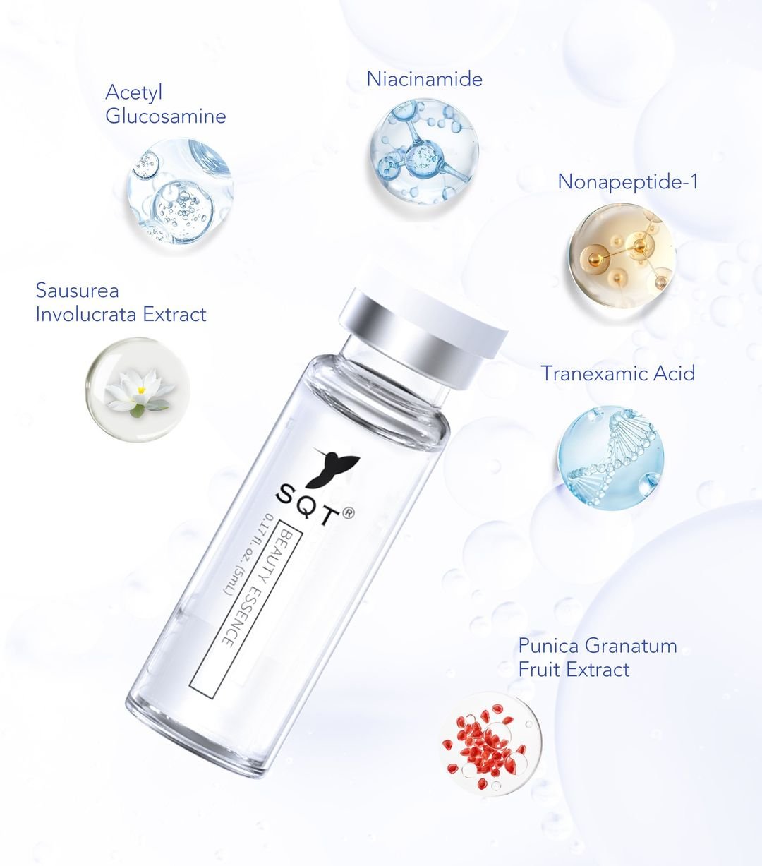 SQT Beauty Essence key ingredients including niacinamide, tranexamic acid, nonapeptide-1 and acetyl glucosamine