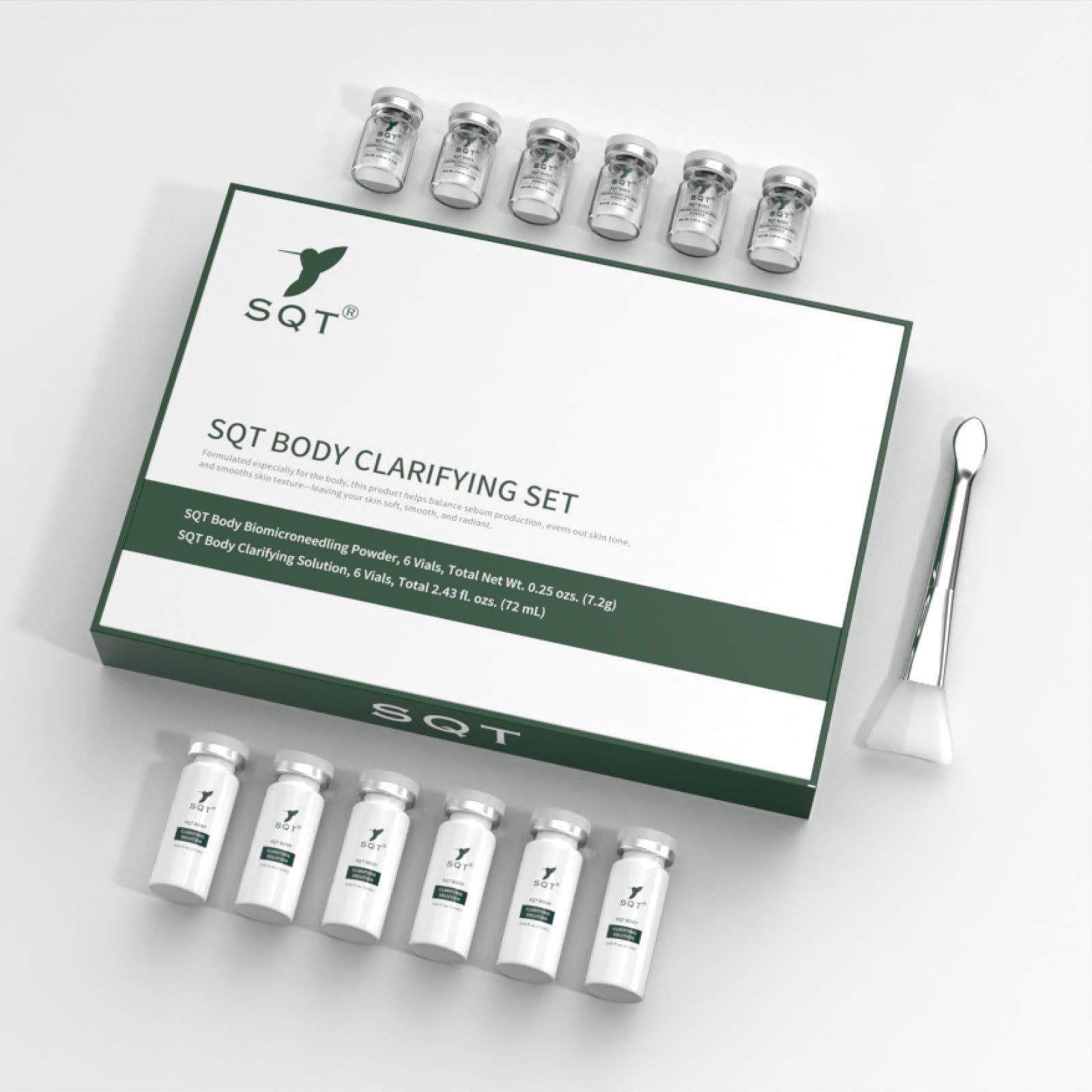 SQT Body Clarifying Set with six powder vials, six solution vials and silicone application brush