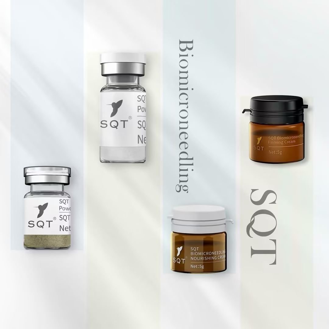 SQT biomicroneedling vials and professional creams arranged together