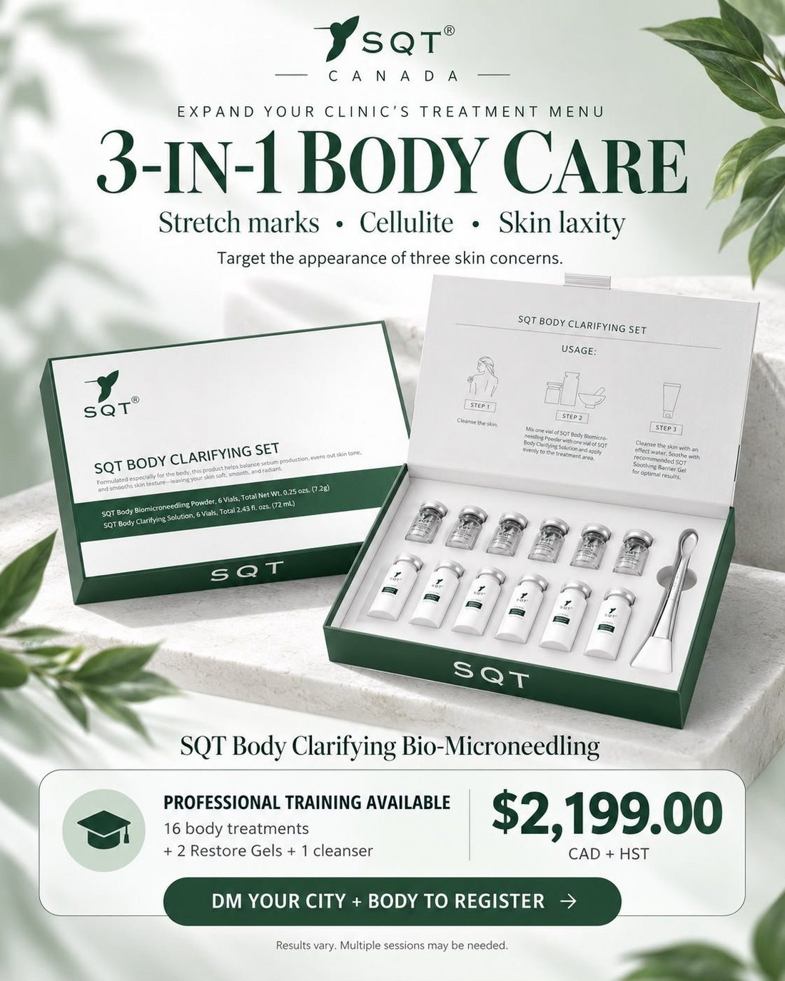 SQT Canada poster for 3-in-1 Body Care training, showing the Body Clarifying Set and professional training with 16 body treatments, 2 Restore Gels and 1 cleanser for CAD $2,199.00 + HST